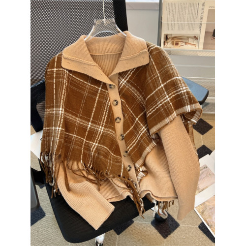 法式流蘇披肩假兩件針織開衫女秋冬2024新款翻領設計感加厚毛衣潮