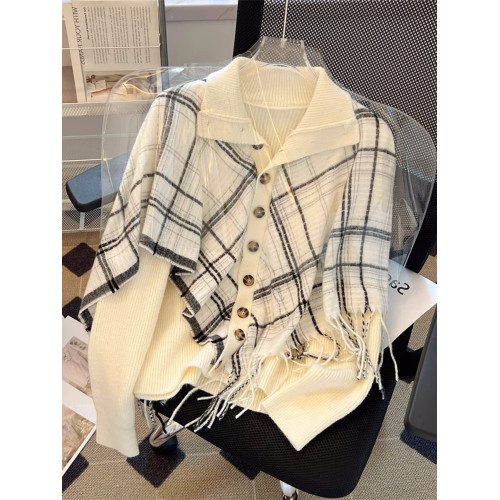 法式流蘇披肩假兩件針織開衫女秋冬2024新款翻領設計感加厚毛衣潮