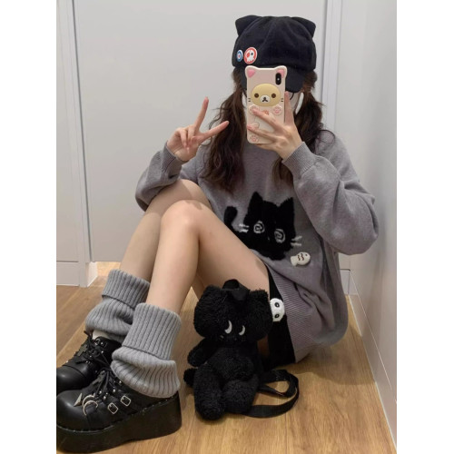 秋冬復古日系卡通小貓套頭毛衣女寬松慵懶風小個子針織打底衫上衣