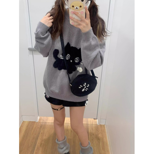 秋冬復古日系卡通小貓套頭毛衣女寬松慵懶風小個子針織打底衫上衣