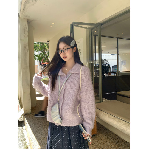 烏77慵懶感紫色繙領寬鬆毛衣外套女通勤百搭休閒減齡軟糯針織開衫 烏77慵懶感紫色繙領寬鬆毛衣外套女通勤百搭休閒減齡軟糯針織開衫