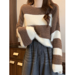 加厚短款條紋馬海毛毛衣女秋冬復古寬松外穿慵懶風套頭圓領針織衫