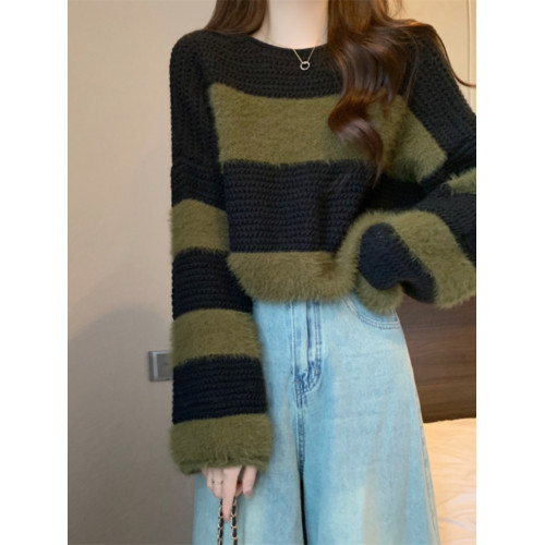 加厚短款條紋馬海毛毛衣女秋冬復古寬松外穿慵懶風套頭圓領針織衫