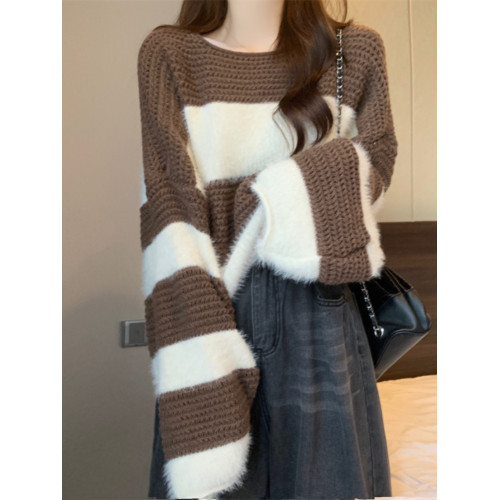 加厚短款條紋馬海毛毛衣女秋冬復古寬松外穿慵懶風套頭圓領針織衫