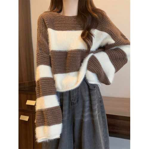 加厚短款條紋馬海毛毛衣女秋冬復古寬松外穿慵懶風套頭圓領針織衫