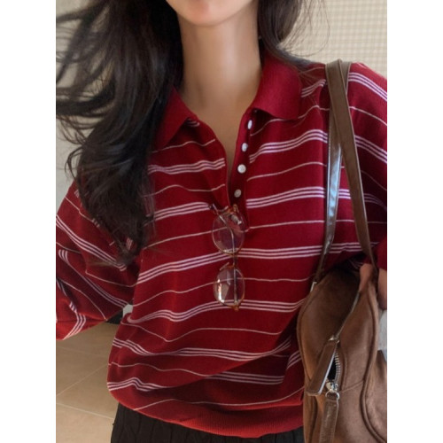 韓版polo領撞色條紋針織衫女春季新款美式復古軟糯寬松百搭上衣