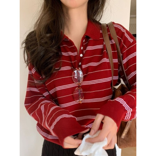 韓版polo領撞色條紋針織衫女春季新款美式復古軟糯寬松百搭上衣