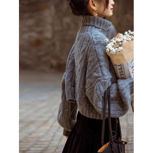 復古灰色高領短款毛衣女秋冬加厚小個子寬松慵懶風針織衫內搭上衣