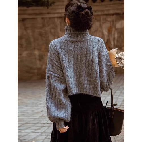 復古灰色高領短款毛衣女秋冬加厚小個子寬松慵懶風針織衫內搭上衣