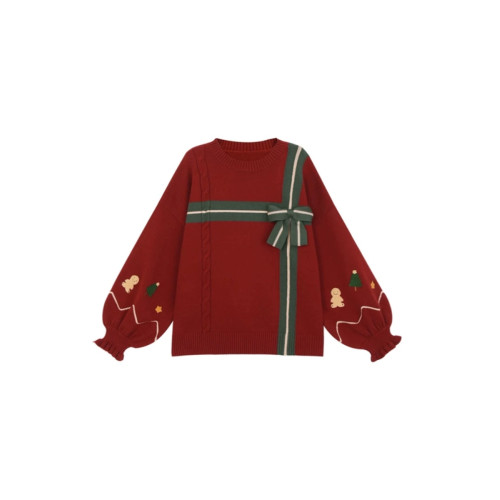 聖誕風刺綉圓領毛衣女秋冬復古蝴蝶結織帶寬松燈籠袖紅色針織上衣