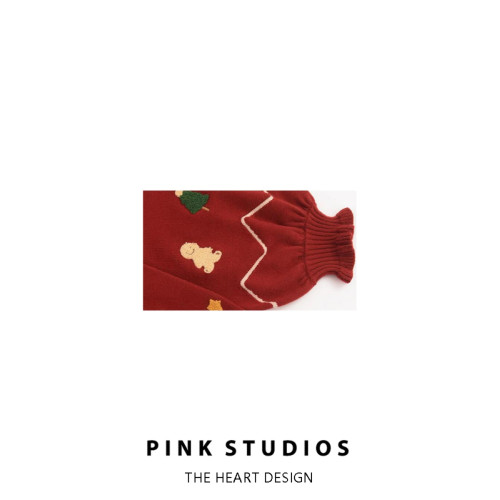 聖誕風刺綉圓領毛衣女秋冬復古蝴蝶結織帶寬松燈籠袖紅色針織上衣