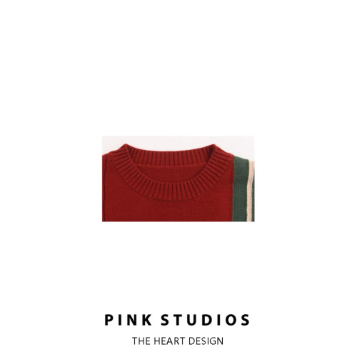 聖誕風刺綉圓領毛衣女秋冬復古蝴蝶結織帶寬松燈籠袖紅色針織上衣