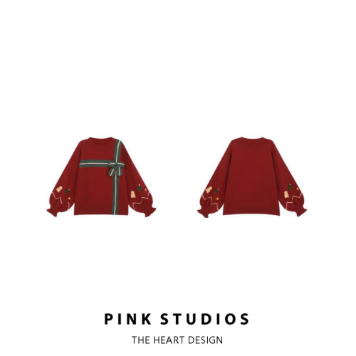 聖誕風刺綉圓領毛衣女秋冬復古蝴蝶結織帶寬松燈籠袖紅色針織上衣