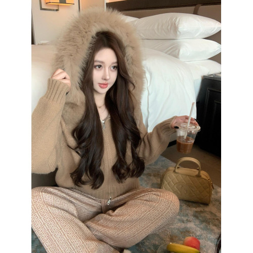 美式大毛領連帽軟糯毛衣外套女秋冬高級感寬松顯瘦外搭開衫上衣潮