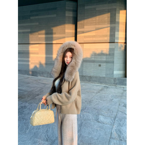 美式大毛領連帽軟糯毛衣外套女秋冬高級感寬松顯瘦外搭開衫上衣潮