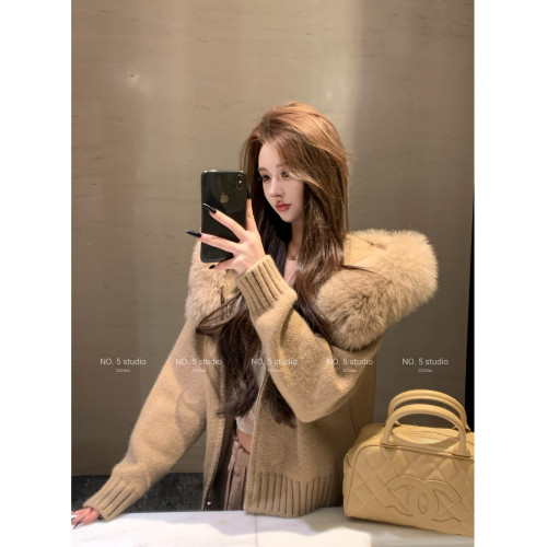 美式大毛領連帽軟糯毛衣外套女秋冬高級感寬松顯瘦外搭開衫上衣潮