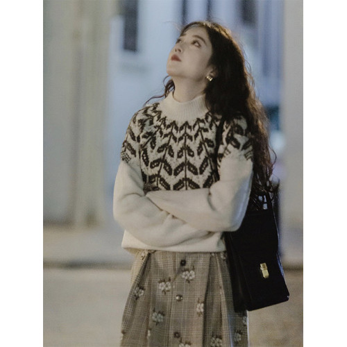 法式復古費爾島毛衣女秋冬森系設計感小衆慵懶風半高領打底衫上衣