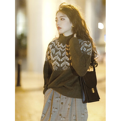 法式復古費爾島毛衣女秋冬森系設計感小衆慵懶風半高領打底衫上衣