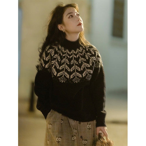 法式復古費爾島毛衣女秋冬森系設計感小衆慵懶風半高領打底衫上衣