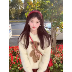 杏色水貂絨小熊毛茸茸毛衣女秋冬蝴蝶結馬海毛外穿針織衫上衣冬季