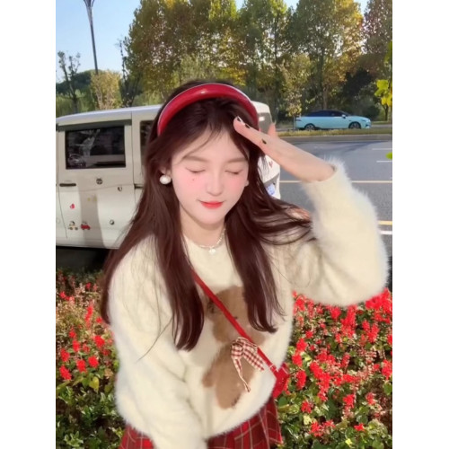 杏色水貂絨小熊毛茸茸毛衣女秋冬蝴蝶結馬海毛外穿針織衫上衣冬季