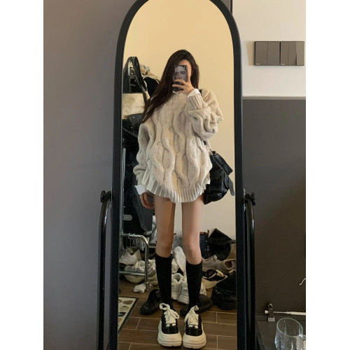 日系奶fufu麻花圓領毛衣女秋冬寬松慵懶風bf軟糯加厚針織衫外套潮