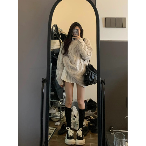 日系奶fufu麻花圓領毛衣女秋冬寬松慵懶風bf軟糯加厚針織衫外套潮