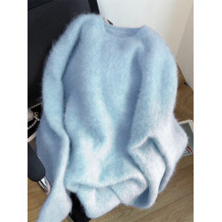 奶藍色軟糯圓領毛衣女秋冬季加厚奶裡奶氣內搭打底針織衫歐貨上衣