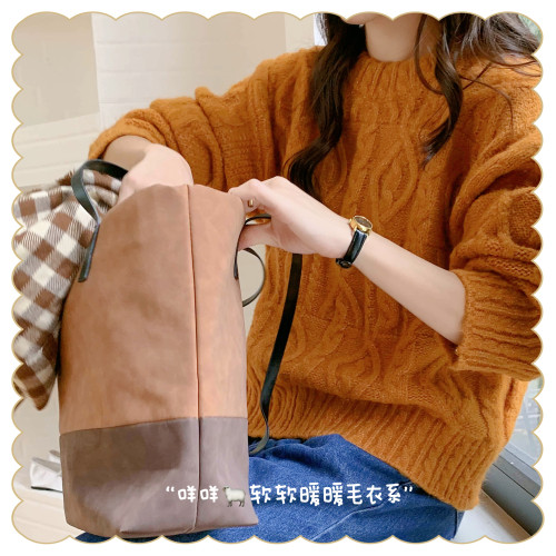 實拍◆秋日法式圓領菱格麻花紋理設計感純色寬松百搭針織衫毛衣