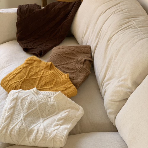 實拍◆秋日法式圓領菱格麻花紋理設計感純色寬松百搭針織衫毛衣