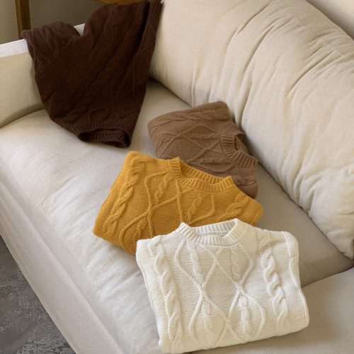 實拍◆秋日法式圓領菱格麻花紋理設計感純色寬松百搭針織衫毛衣