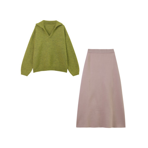 韓系牛油果綠繙領長袖毛衣女秋季2025新款休閒寬鬆清新針織衫上衣