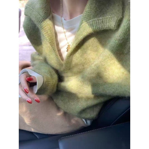 韓系牛油果綠繙領長袖毛衣女秋季2025新款休閒寬鬆清新針織衫上衣