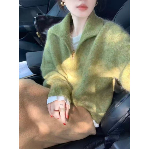 韓系牛油果綠繙領長袖毛衣女秋季2025新款休閒寬鬆清新針織衫上衣