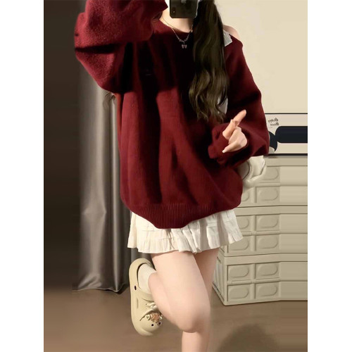 早秋新年穿搭紅色毛衣女秋冬2025新款慵懶高級感露肩針織內搭上衣