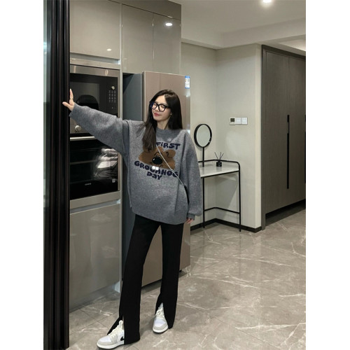 韓系慵懶風毛衣女秋冬新款日系復古學院風小熊提花寬松針織衫上衣