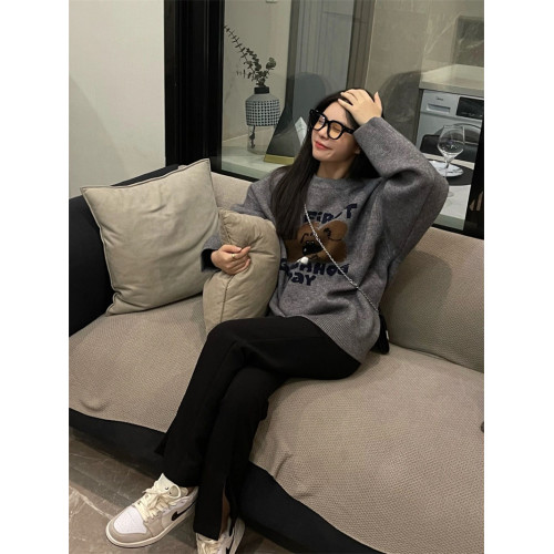 韓系慵懶風毛衣女秋冬新款日系復古學院風小熊提花寬松針織衫上衣