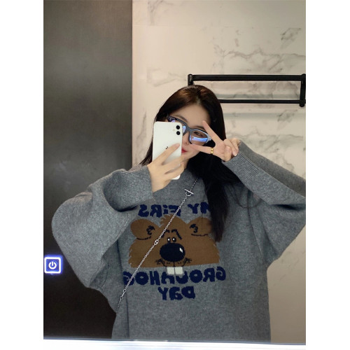 韓系慵懶風毛衣女秋冬新款日系復古學院風小熊提花寬松針織衫上衣