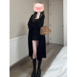 慵懶風復古中長款黑色毛衣外套女秋冬2025新款設計感軟糯針織開衫