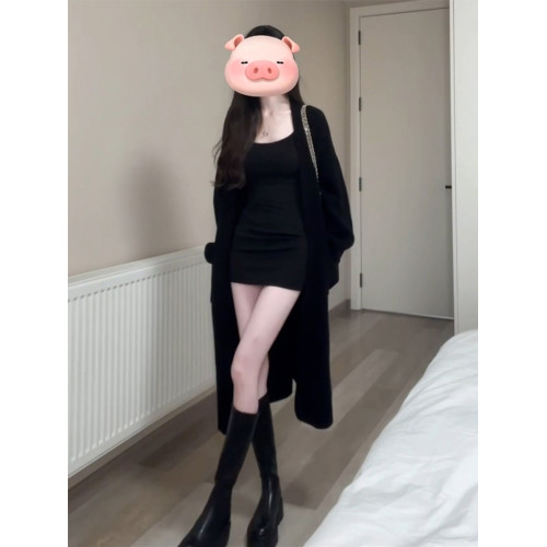 慵懶風復古中長款黑色毛衣外套女秋冬2025新款設計感軟糯針織開衫