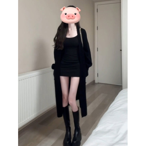 慵懶風復古中長款黑色毛衣外套女秋冬2025新款設計感軟糯針織開衫