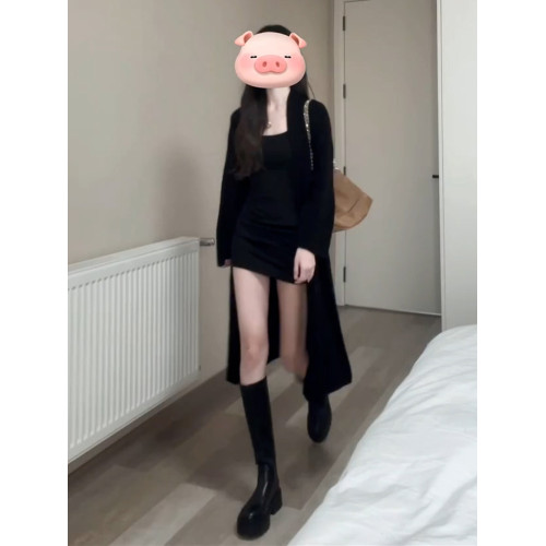 慵懶風復古中長款黑色毛衣外套女秋冬2025新款設計感軟糯針織開衫