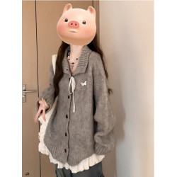 大碼胖妹妹慵懶風灰色翻領毛衣外套女秋季寬松顯瘦高級感針織上衣