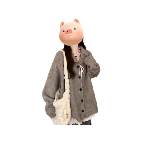 大碼胖妹妹慵懶風灰色翻領毛衣外套女秋季寬松顯瘦高級感針織上衣