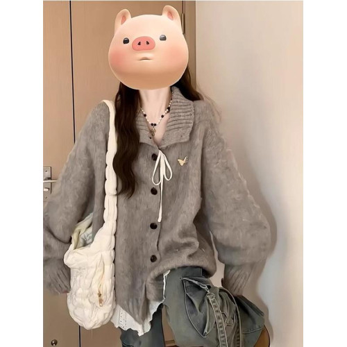 大碼胖妹妹慵懶風灰色翻領毛衣外套女秋季寬松顯瘦高級感針織上衣