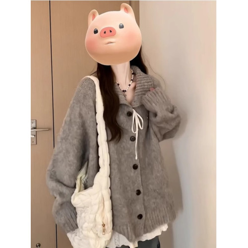 大碼胖妹妹慵懶風灰色翻領毛衣外套女秋季寬松顯瘦高級感針織上衣