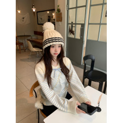 PPHOME甜美蝴蝶結翻領條紋針織衫女秋冬小個子韓系設計感打底上衣