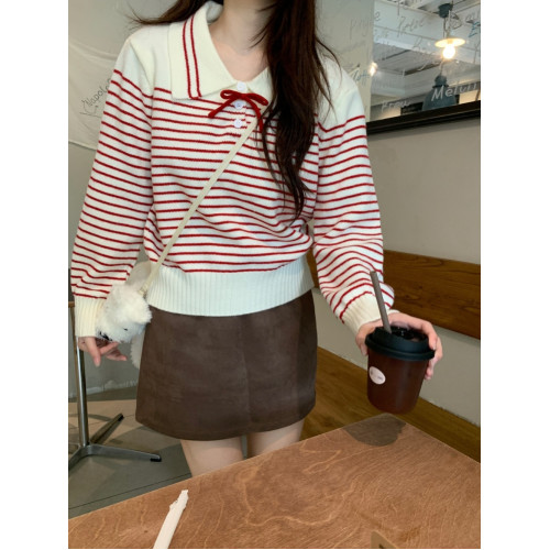 PPHOME甜美蝴蝶結翻領條紋針織衫女秋冬小個子韓系設計感打底上衣