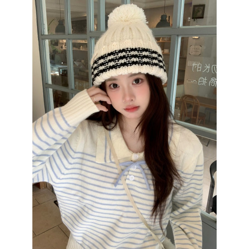 PPHOME甜美蝴蝶結翻領條紋針織衫女秋冬小個子韓系設計感打底上衣