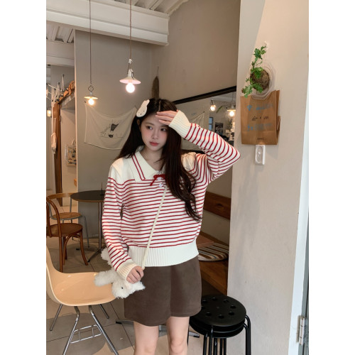 PPHOME甜美蝴蝶結翻領條紋針織衫女秋冬小個子韓系設計感打底上衣